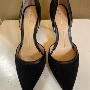Gianni Bini faux suede heel with leather trim.